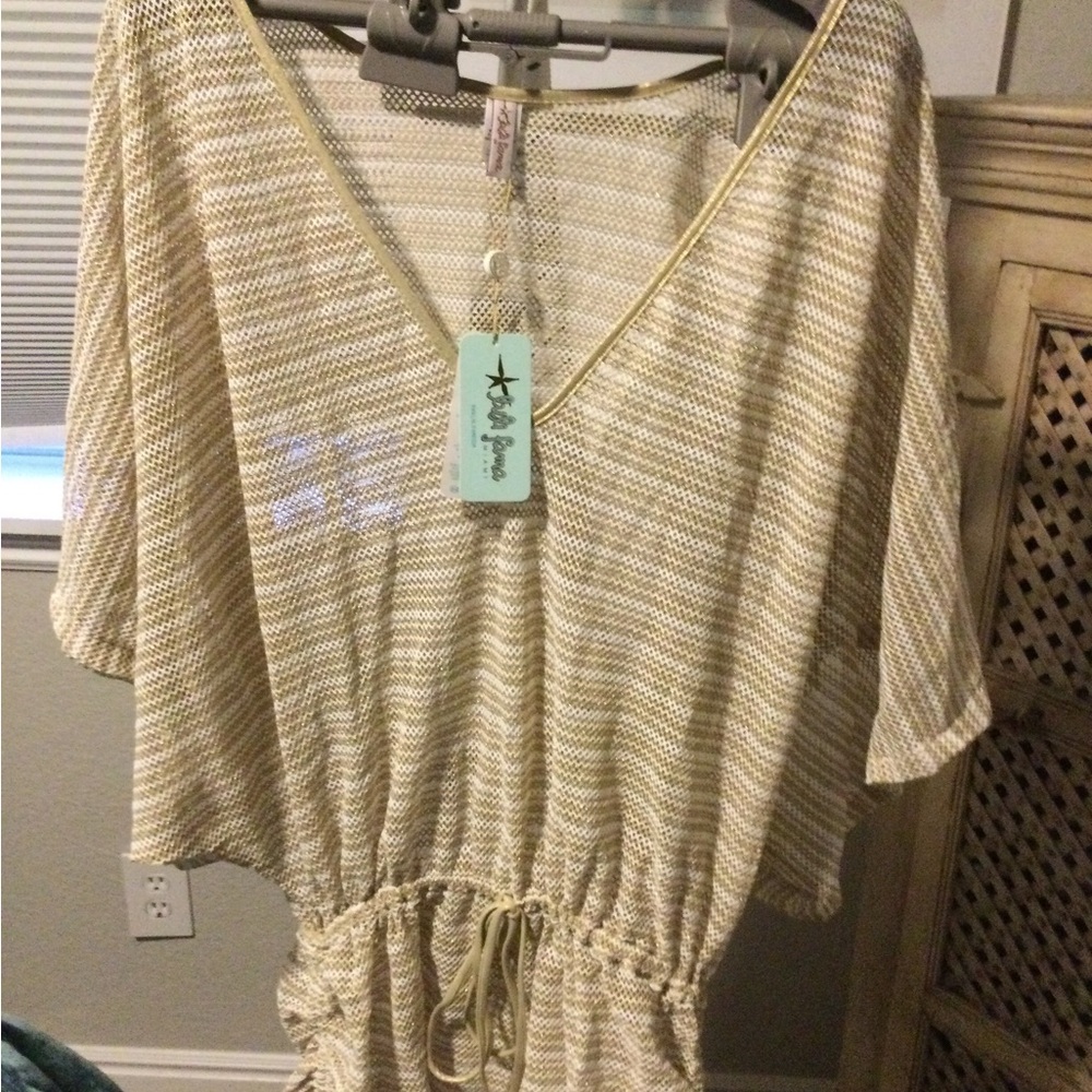 Luli Fama - Cream Dolman Sleeve Blouse with Tie Front swim coverup
